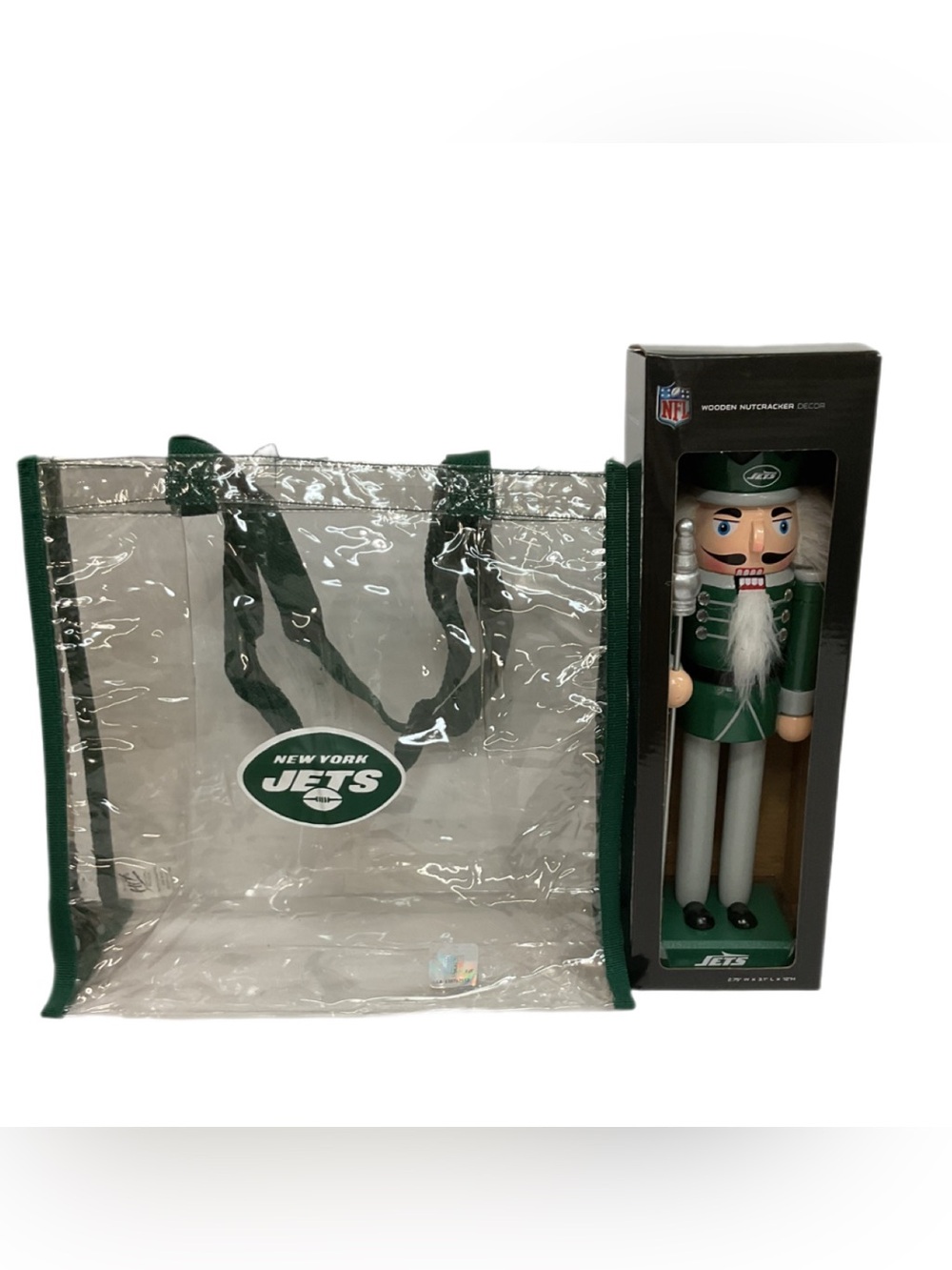 NFL New York Jets Stadium Clear Tote Bag & 12” Wooden Nutcracker Bundle NEW